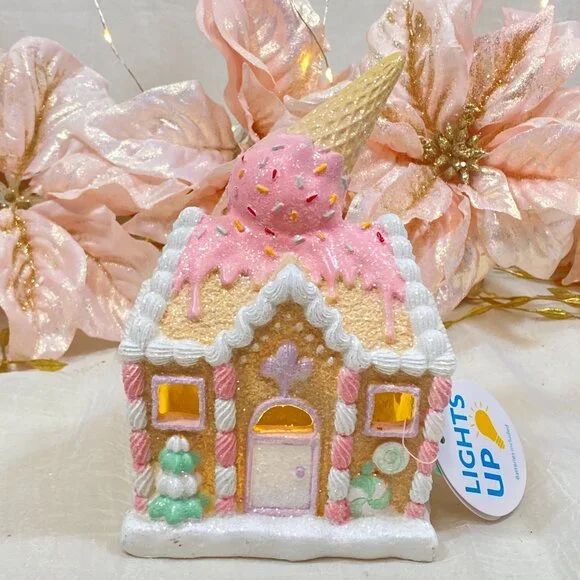 Pastel Holiday Christmas Gingerbread Ice Cream Shop Pink Led Light Up House - Picture 7 of 7
